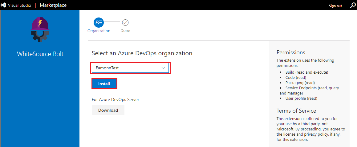 Screenshot of the Azure DevOps Marketplace select an organization page with the Install button highlighted